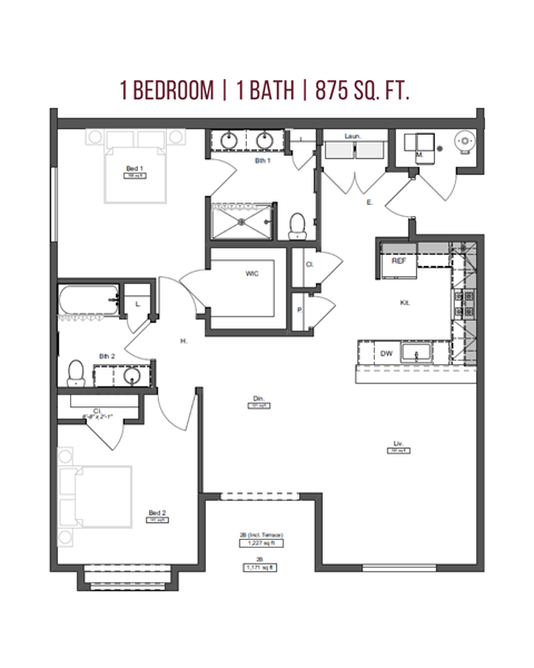 Floor plan for 1 bed, 1 bath, 875 sqft